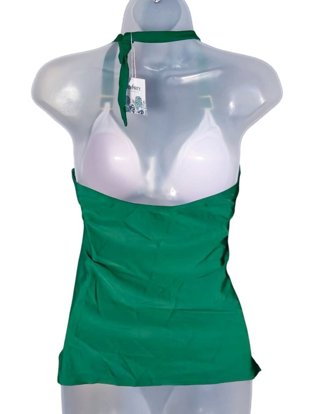 Green Halter Tankini Top Med Gold Accents Ruched Lined Built In Cups - Picture 7 of 8
